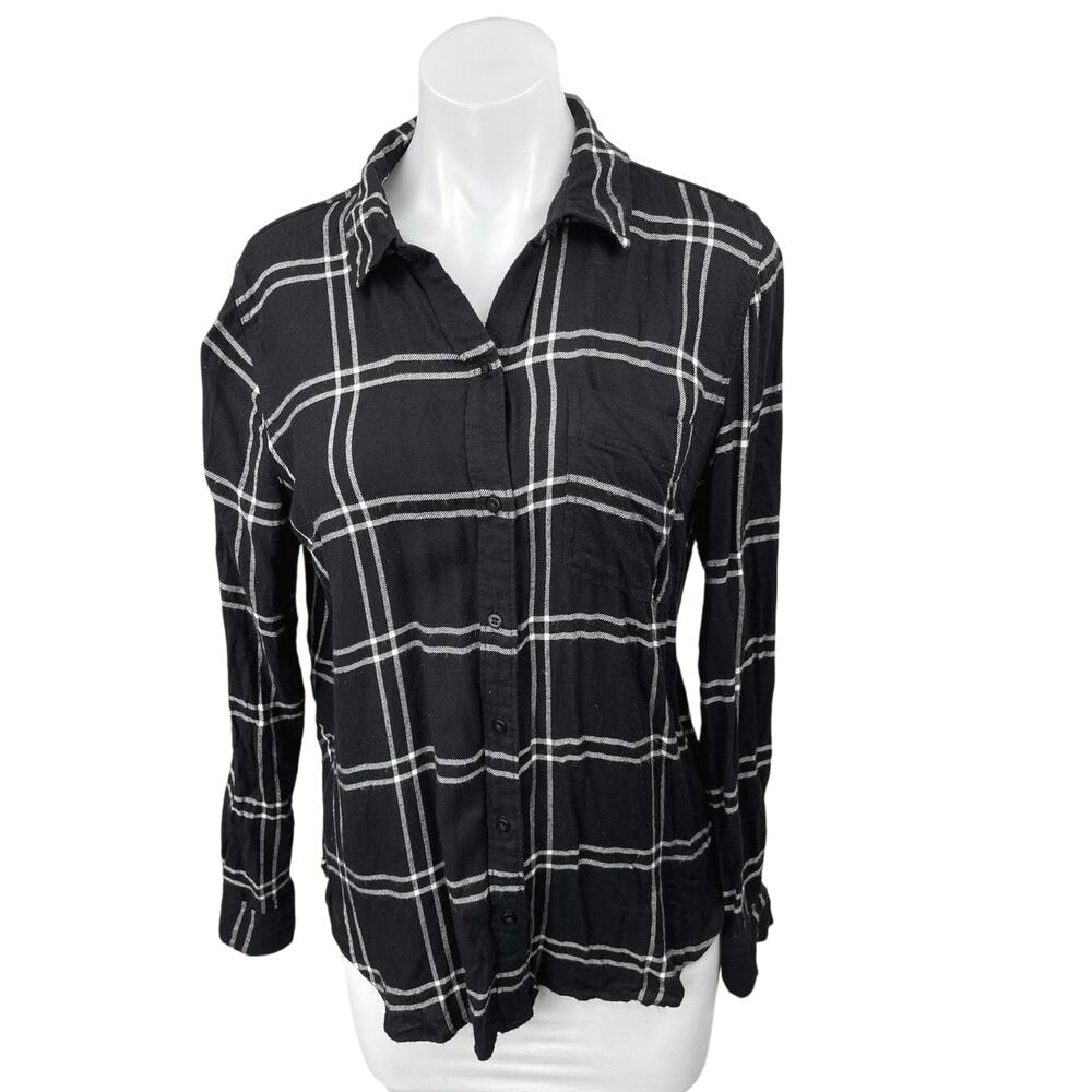 Lucky Brand Black White Plaid Pocket Long Sleeve Button Down Shirt Top Size M
